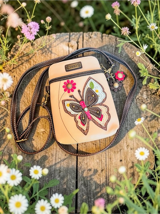Chala Handbags - Chala Cream Crossbody Cell Phone Bag with Pink & Brown Butterfly Appliqué (NWOT)